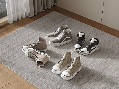 Various Stylish Shoes High Top Low Top In Neutral Gray Beige Black Tones On Carpet 3d model