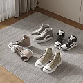 Various Stylish Shoes High Top Low Top In Neutral Gray Beige Black Tones On Carpet