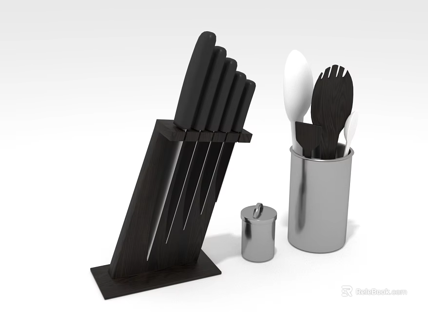 Essential Kitchen Utensils Set With Black Knife Block White Spoons Silver Container And Spice Jar 3d model 