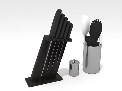 Essential Kitchen Utensils Set With Black Knife Block White Spoons Silver Container And Spice Jar 3d model