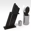 Essential Kitchen Utensils Set With Black Knife Block White Spoons Silver Container And Spice Jar