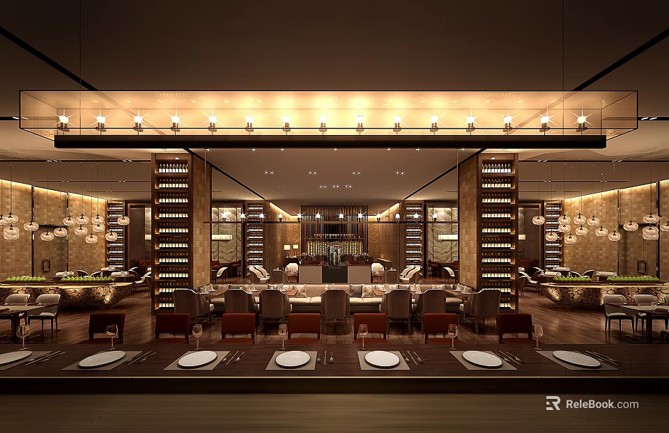 Elegant Restaurant Interior Design With Chandeliers Dining Tables And Wine Racks 3d model 