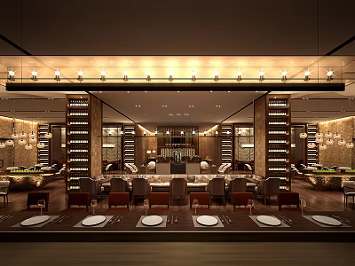 Elegant Restaurant Interior Design With Chandeliers Dining Tables And Wine Racks 3d model