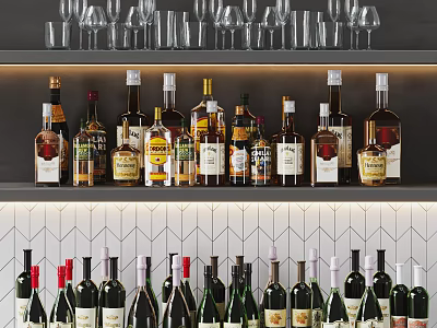 Stylish Wine Bottles and Glasses Display on Modern Shelves with Diverse Liquor Types 3d model