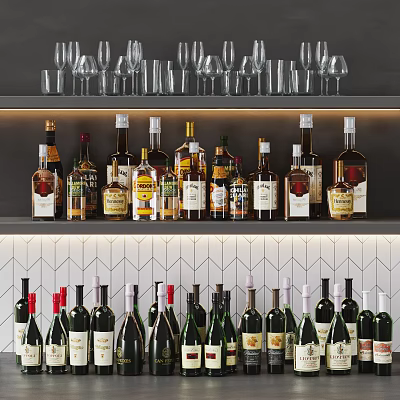 Stylish Wine Bottles and Glasses Display on Modern Shelves with Diverse Liquor Types 3d model