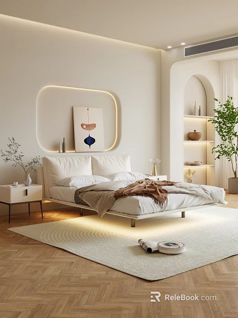 Modern Bedroom Interior With White Bed Ambient Lighting Decorative Painting Arched Shelves And Green Plant 3d model 