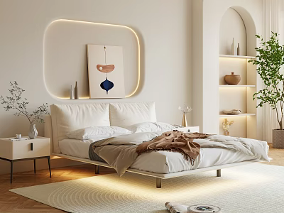 Modern Bedroom Interior With White Bed Ambient Lighting Decorative Painting Arched Shelves And Green Plant 3d model