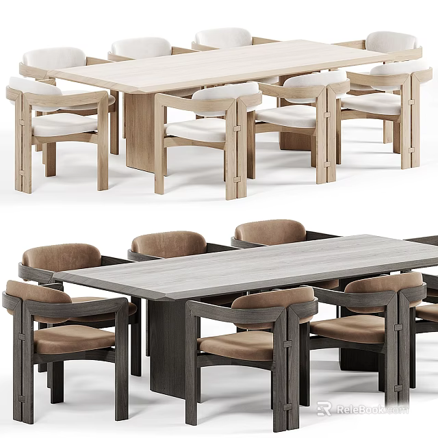 Modern Wooden Dining Table Set With Beige Fabric Chairs And Brown Frame Design 3d model 