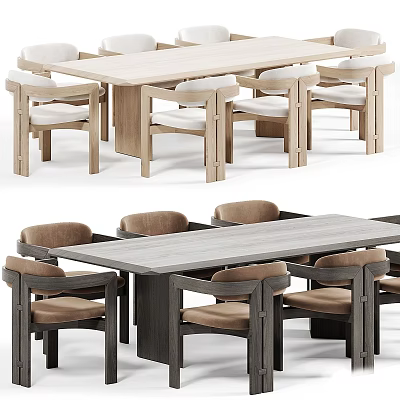 Modern Wooden Dining Table Set With Beige Fabric Chairs And Brown Frame Design 3d model