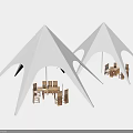 White Canopy Tent Structures With Outdoor Dining Tables And Chairs Arrangement