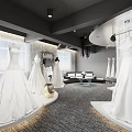 Bridal Shop Interior Featuring Circular Display With White Wedding Dresses Transparent Partitions And Chandeliers