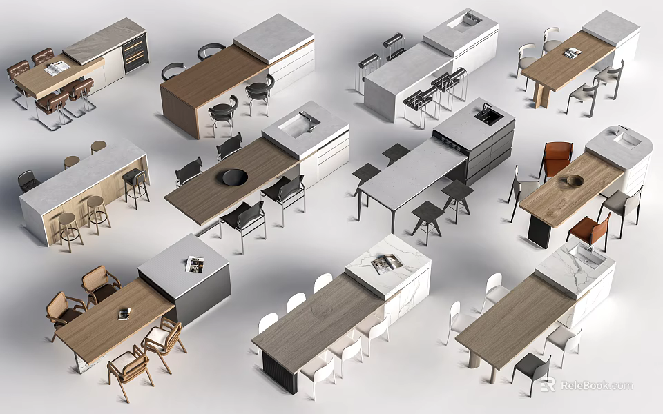 Various Modern Office Desks With Wooden Tops Metal Frames And Matching Chairs 3d model 