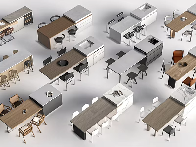 Various Modern Office Desks With Wooden Tops Metal Frames And Matching Chairs 3d model