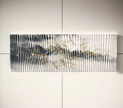 Modern Wall Art with Black White Stripes and Golden Branch Design for Home Decor 3d model
