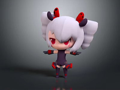 Cartoon Character with White Twin Tails Red Horns and Eyes in Dark Outfit Red Shoes 3d model