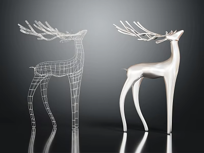 Wireframe And Silver Solid Deer Sculptures On Black Reflective Background 3d model