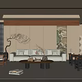 Middle Ancient Style Home Living Room Sofa Coffee Table Combination Casual Chair Dried Branches Ornaments Sofa Coffee Table Combination Floor Lamp Carpet 3d model