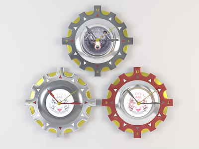 Gear Shaped Wall Clocks Featuring Animal Head Designs In Silver Red And Gray 3d model