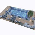 Outdoor Swimming Pool Area With Wooden Deck Loungers Umbrellas Tree And Lights