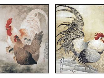 New Chinese Animal Painting Zen Exquisite Chicken and Bird Pattern Hanging Picture Combination 3d model