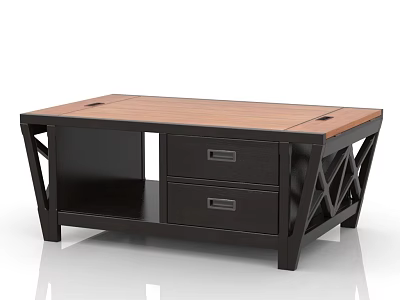 Coffee Table Featuring Wooden Tabletop Black Frame Two Drawers And Geometric Leg Design 3d model