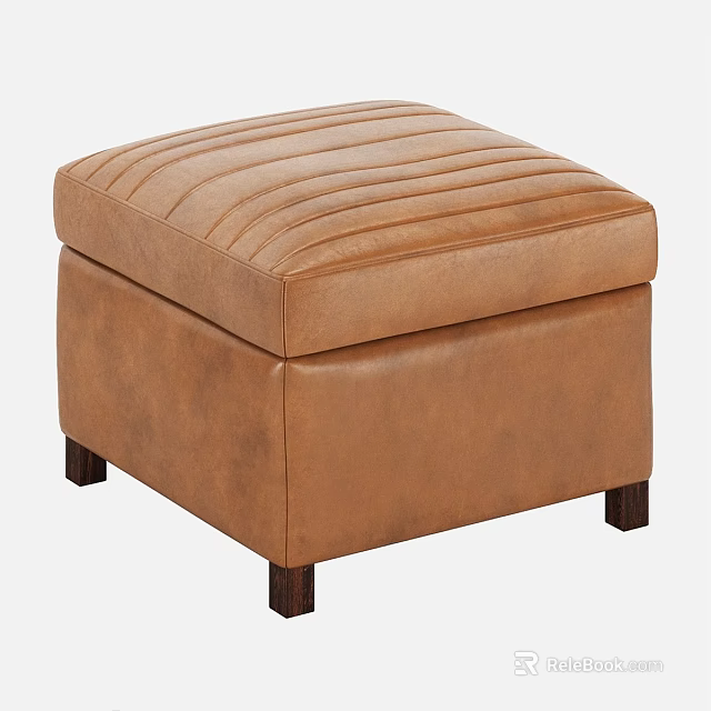 Stylish Brown Leather Stool with Striped Top and Dark Wooden Legs 3d model 