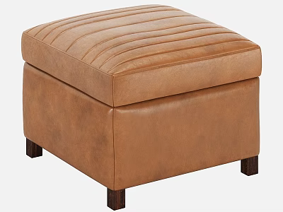 Stylish Brown Leather Stool with Striped Top and Dark Wooden Legs 3d model