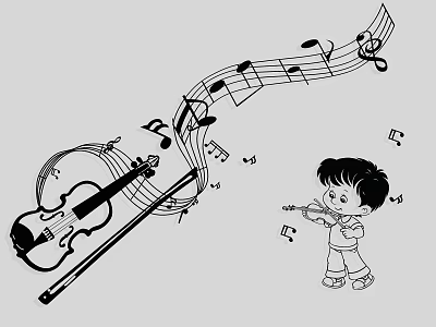 Irregular Shaped Pendant Light in Room Interior with Boy Playing Violin and Musical Notes 3d model