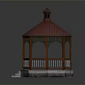 Traditional Wooden Hexagonal Gazebo With Red Tiled Roof And Stone Base