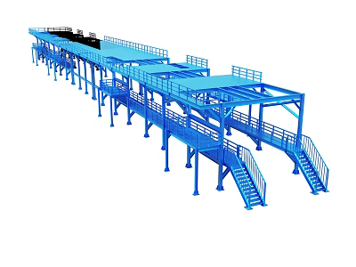 Blue Steel Structure Industrial Walkway With Multi Level Platforms And Stairs 3d model