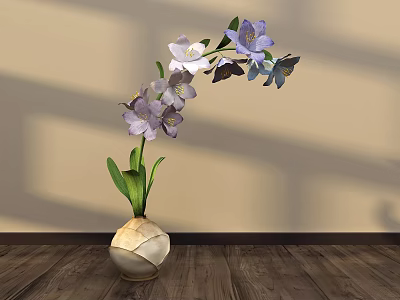 Floral Display With Purple And White Orchids In Ceramic Vase On Wooden Floor 3d model