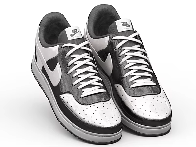 Stylish black and white casual sports shoes with white laces and breathable holes 3d model