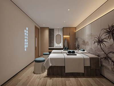 Modern SPA Sauna Interior Design With Massage Bed Palm Tree Art And Wooden Elements 3d model