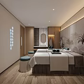 Modern SPA Sauna Interior Design With Massage Bed Palm Tree Art And Wooden Elements