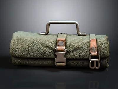 Green Canvas Utility Bag With Metal Handle And Leather Buckle Straps 3d model