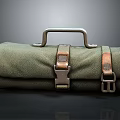 Green Canvas Utility Bag With Metal Handle And Leather Buckle Straps