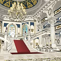 Grand Banquet Hall Interior With Chandelier White Columns Red Carpet And Fountain