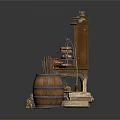 Rustic Interior With Wooden Cabinet Table Barrels Firewood Broom Food And Bottles