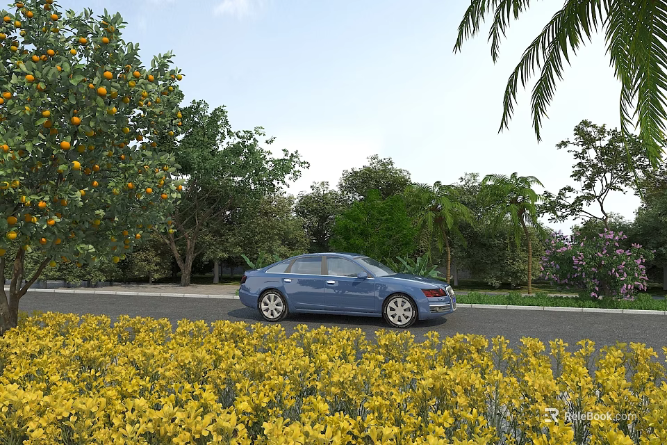 Scenic Garden Landscape With Yellow Flowers Blue Car Orange Trees And Palm Trees Along Roadside 3d model 