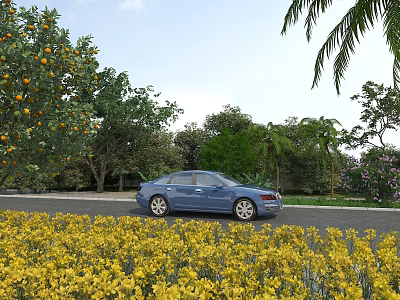 Scenic Garden Landscape With Yellow Flowers Blue Car Orange Trees And Palm Trees Along Roadside 3d model