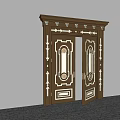Brown Wooden Double Door With Ornate Carvings And White Decorative Details
