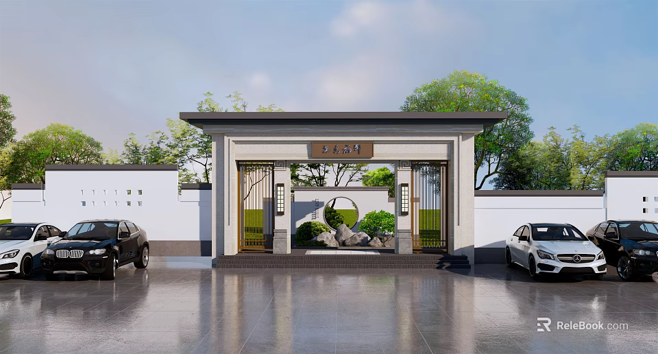 Chinese Style Entrance Gate With Placard White Walls Green Plants Rockery And Cars In Front 3d model 