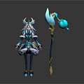 Elegant Woman in Teal Outfit with Horned Headdress and Large Floral Shaped Staff