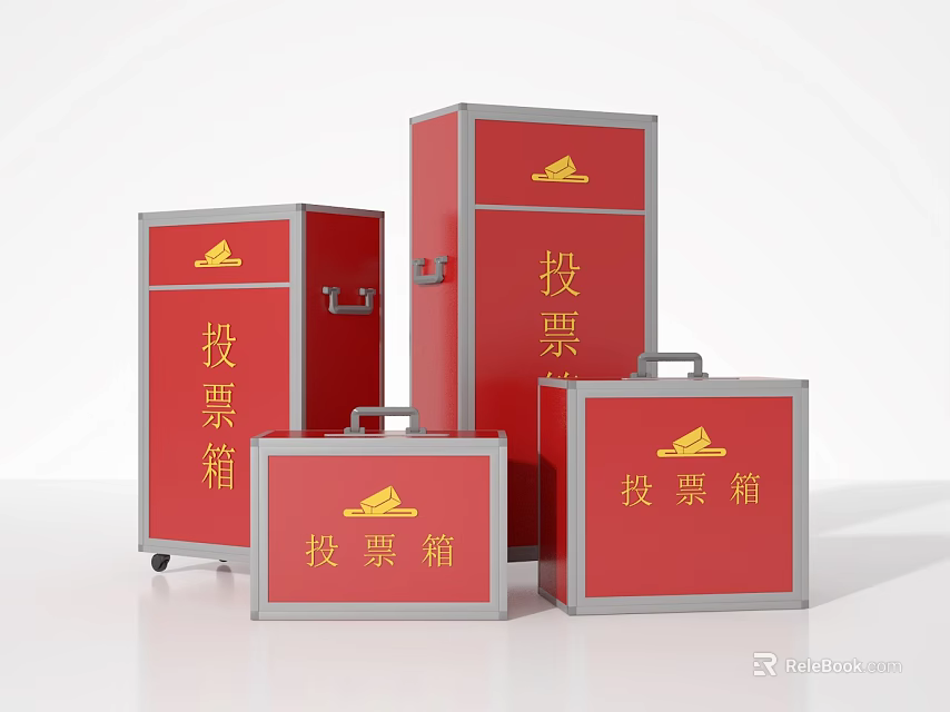 Red Voting Boxes Public Facility With Various Sizes And Yellow Voting Icon 3d model