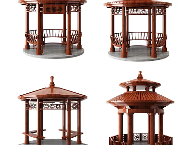 Traditional Wooden Chinese Pavilions With Carved Patterns And Diverse Roof Designs 3d model