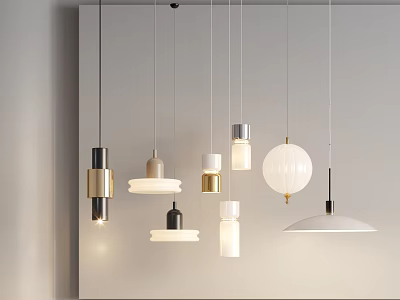 Modern Pendant Lights With Various Designs And Shapes Hanging On White Wall 3d model