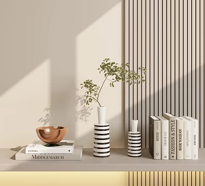 Minimalist Decorative Ornament Set With Brown Bowl Black White Striped Ornaments Small Plant And Books 3d model