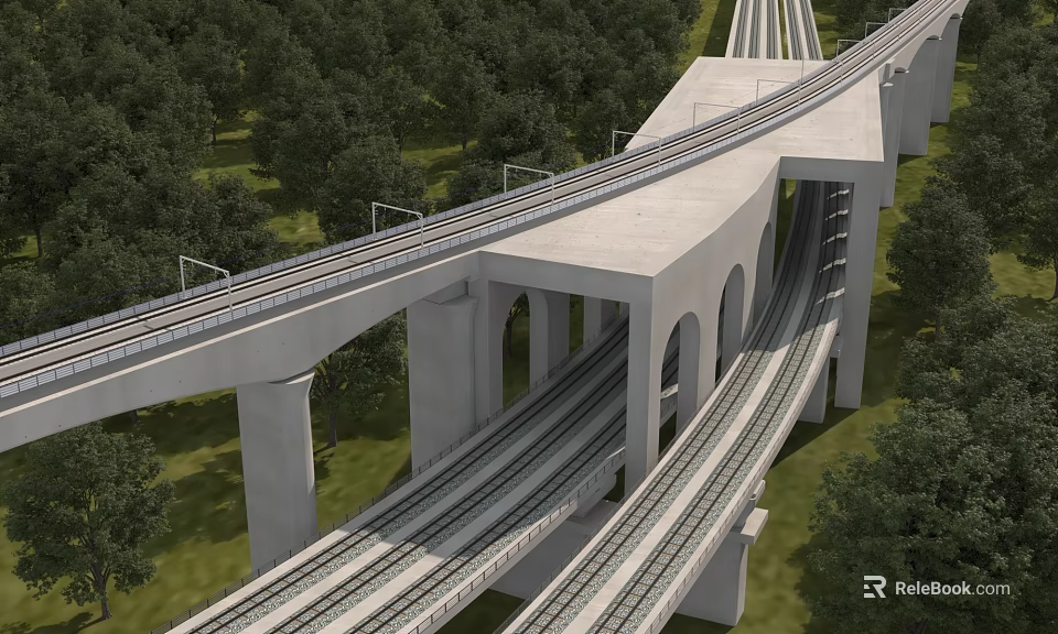 Multi Tiered Elevated Railway Bridge Featuring Multiple Tracks Surrounded By Green Trees 3d model