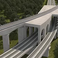 Multi Tiered Elevated Railway Bridge Featuring Multiple Tracks Surrounded By Green Trees 3d model