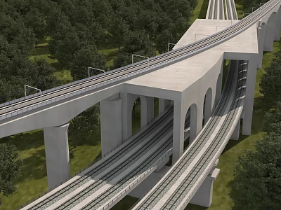 Multi Tiered Elevated Railway Bridge Featuring Multiple Tracks Surrounded By Green Trees 3d model